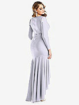 Rear View Thumbnail - Silver Dove Long Sleeve Pleated Wrap Ruffled High Low Stretch Satin Gown