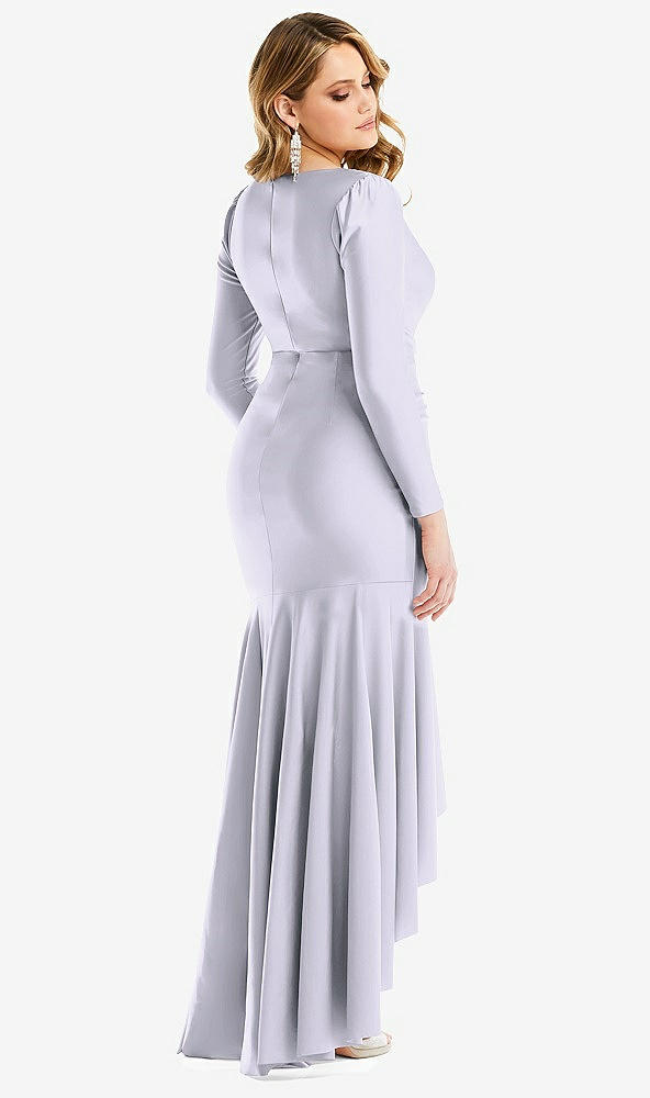 Back View - Silver Dove Long Sleeve Pleated Wrap Ruffled High Low Stretch Satin Gown