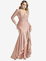 Front View Thumbnail - Toasted Sugar Long Sleeve Pleated Wrap Ruffled High Low Stretch Satin Gown