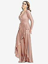 Side View Thumbnail - Toasted Sugar Long Sleeve Pleated Wrap Ruffled High Low Stretch Satin Gown