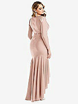Rear View Thumbnail - Toasted Sugar Long Sleeve Pleated Wrap Ruffled High Low Stretch Satin Gown