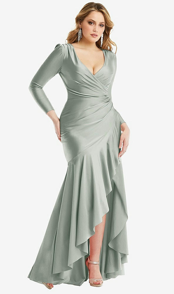 Front View - Willow Green Long Sleeve Pleated Wrap Ruffled High Low Stretch Satin Gown