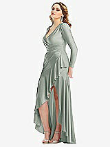 Side View Thumbnail - Willow Green Long Sleeve Pleated Wrap Ruffled High Low Stretch Satin Gown
