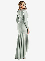 Rear View Thumbnail - Willow Green Long Sleeve Pleated Wrap Ruffled High Low Stretch Satin Gown
