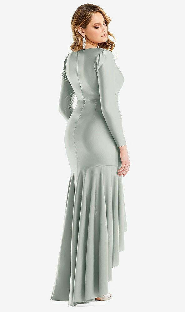 Back View - Willow Green Long Sleeve Pleated Wrap Ruffled High Low Stretch Satin Gown