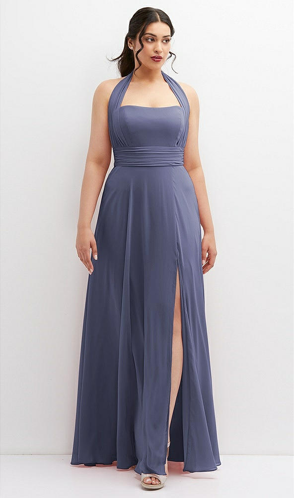 Front View - French Blue Chiffon Convertible Maxi Dress with Multi-Way Tie Straps