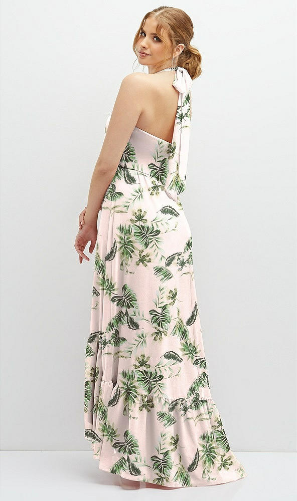 Back View - Palm Beach Print Chiffon Halter High-Low Dress with Deep Ruffle Hem