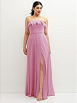 Front View Thumbnail - Powder Pink Tiered Ruffle Neck Strapless Maxi Dress with Front Slit