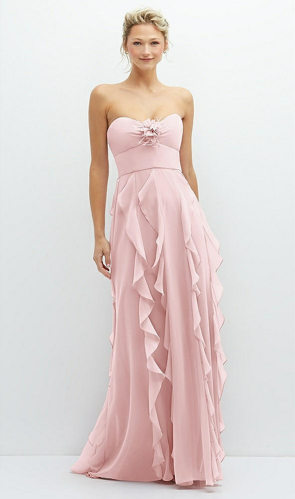 Front View - Ballet Pink Strapless Vertical Ruffle Chiffon Maxi Dress with Flower Detail