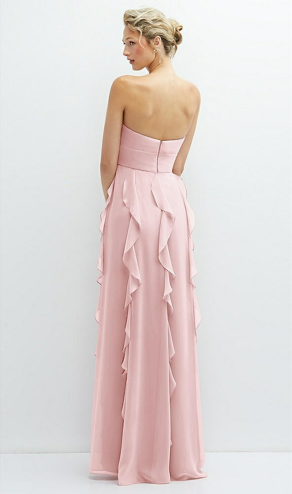 Back View - Ballet Pink Strapless Vertical Ruffle Chiffon Maxi Dress with Flower Detail