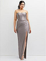 Front View Thumbnail - Cashmere Gray Strapless Stretch Satin Corset Dress with Draped Column Skirt