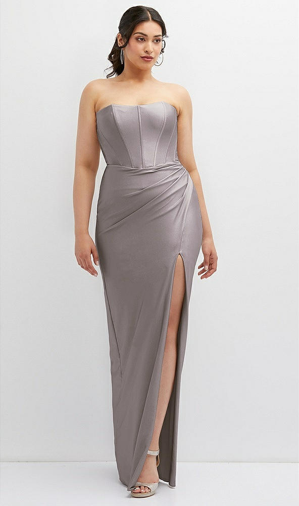 Front View - Cashmere Gray Strapless Stretch Satin Corset Dress with Draped Column Skirt