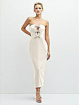 Front View Thumbnail - Ivory Rhinestone Bow Trimmed Peek-a-Boo Deep-V Midi Dress with Pencil Skirt