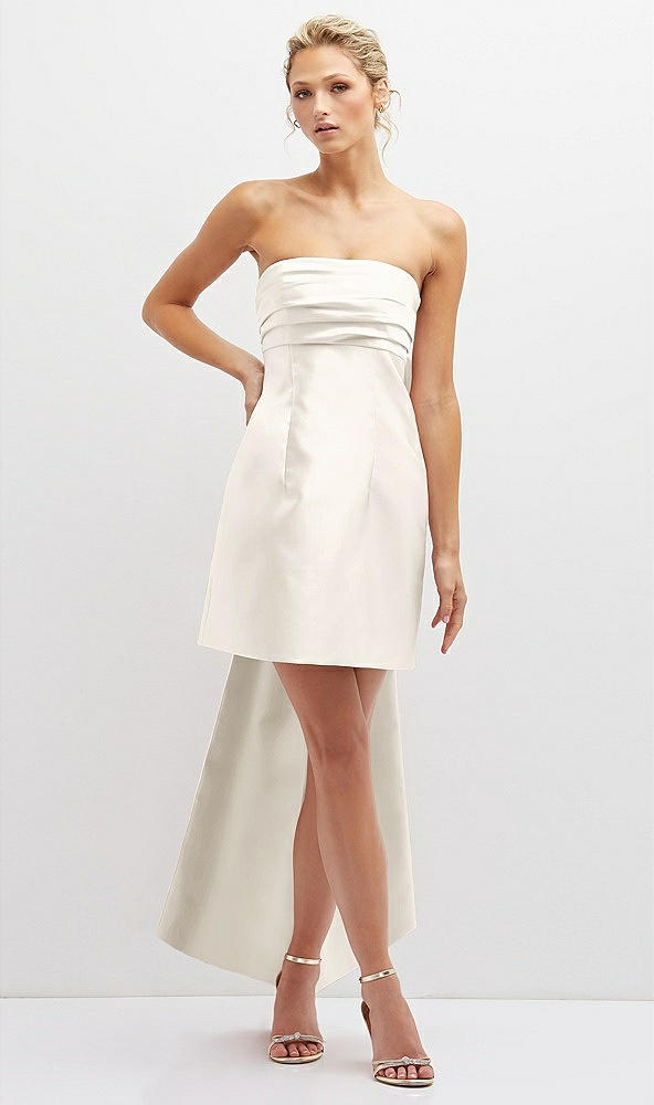 Front View - Ivory Strapless Satin Column Mini Dress with Oversized Bow