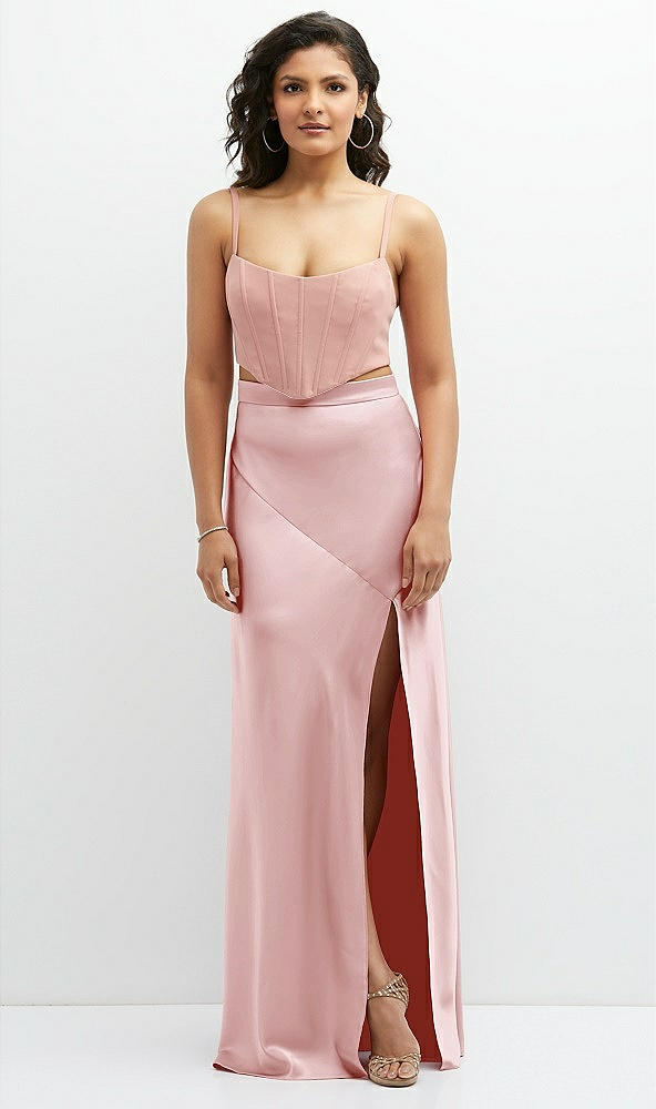 Front View - Ballet Pink Satin Mix-and-Match High Waist Seamed Bias Skirt with Slit 