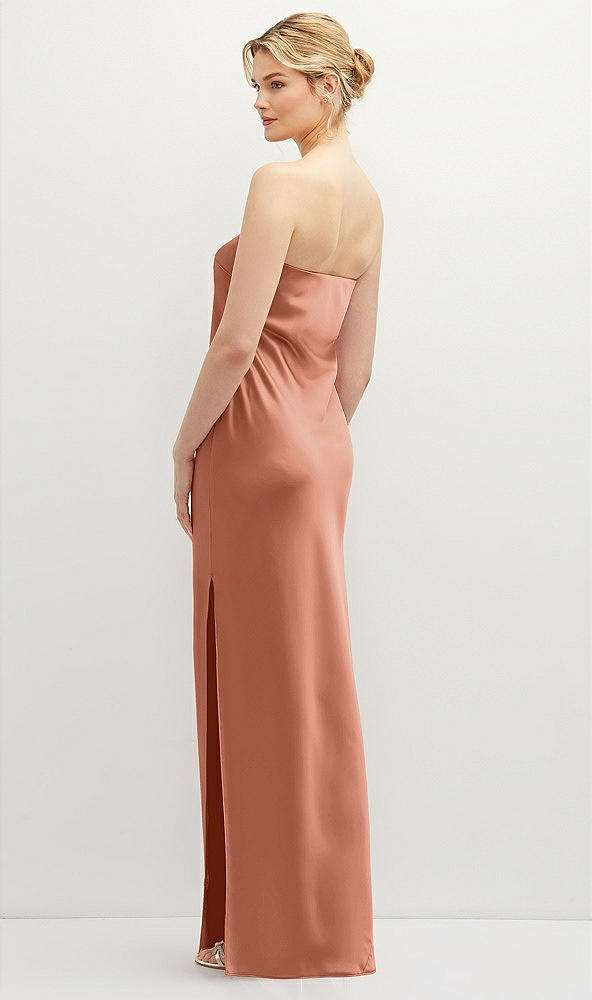 Back View - Copper Penny Strapless Pull-On Satin Column Dress with Side Seam Slit