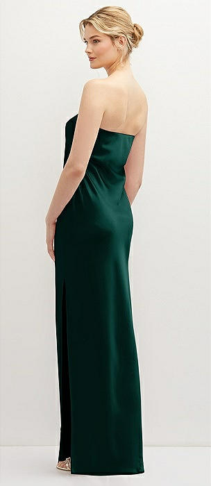 Strapless Pull-On Satin Column Dress with Side Seam Slit