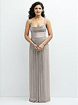 Front View Thumbnail - Metallic Taupe Soft Cowl Neck Metallic Pleated Maxi Dress with Convertible Tie Straps