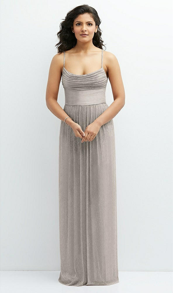 Front View - Metallic Taupe Soft Cowl Neck Metallic Pleated Maxi Dress with Convertible Tie Straps
