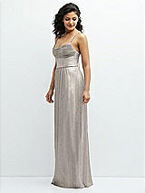 Side View Thumbnail - Metallic Taupe Soft Cowl Neck Metallic Pleated Maxi Dress with Convertible Tie Straps