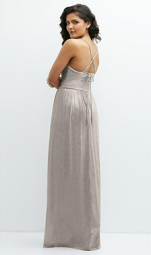 Back View - Metallic Taupe Soft Cowl Neck Metallic Pleated Maxi Dress with Convertible Tie Straps