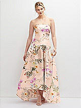 Front View Thumbnail - Butterfly Botanica Pink Sand Strapless Fitted Floral Satin High Low Dress with Shirred Ballgown Skirt