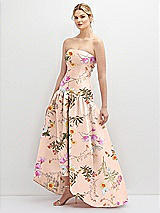 Side View Thumbnail - Butterfly Botanica Pink Sand Strapless Fitted Floral Satin High Low Dress with Shirred Ballgown Skirt