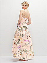 Rear View Thumbnail - Butterfly Botanica Pink Sand Strapless Fitted Floral Satin High Low Dress with Shirred Ballgown Skirt
