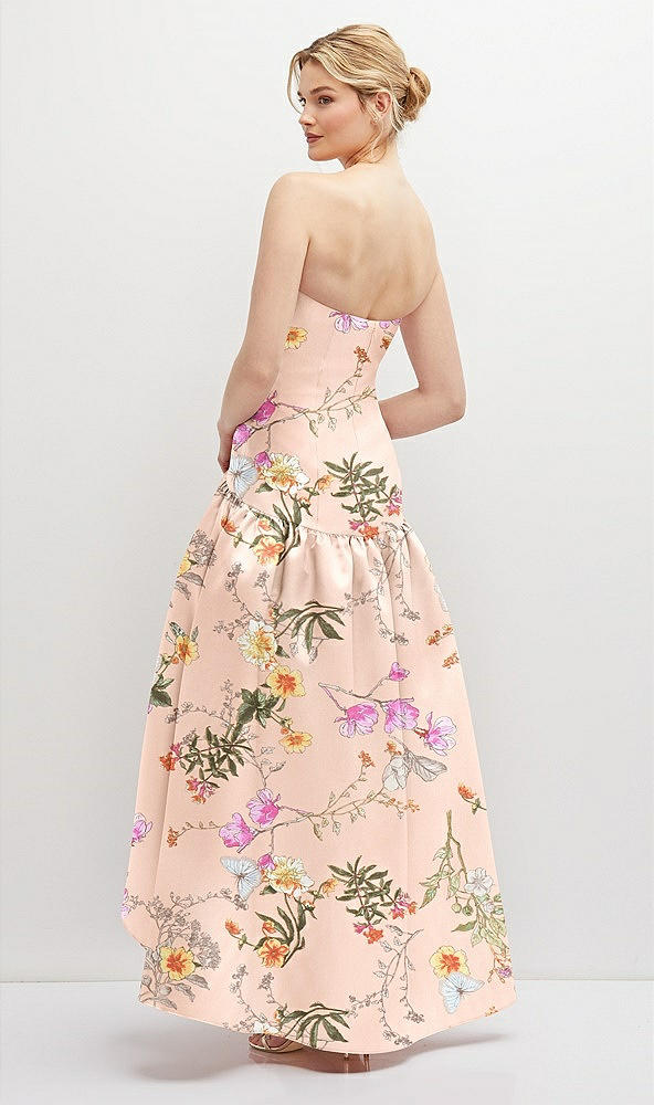 Back View - Butterfly Botanica Pink Sand Strapless Fitted Floral Satin High Low Dress with Shirred Ballgown Skirt