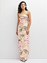 Front View Thumbnail - Butterfly Botanica Pink Sand Floral Strapless Draped Bodice Column Dress with Oversized Bow