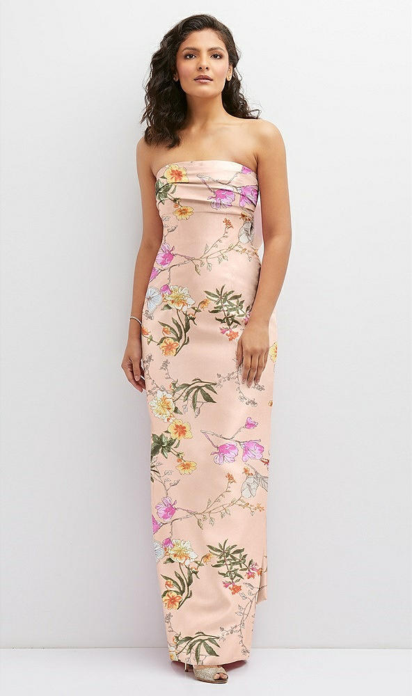 Front View - Butterfly Botanica Pink Sand Floral Strapless Draped Bodice Column Dress with Oversized Bow