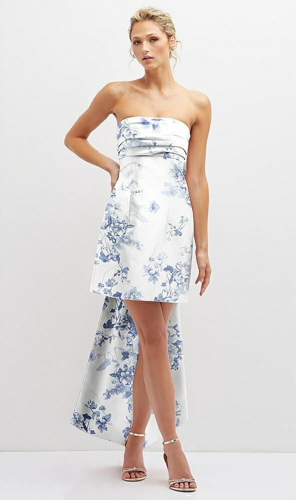 Front View - Cottage Rose Larkspur Floral Strapless Satin Column Mini Dress with Oversized Bow
