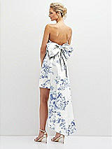 Rear View Thumbnail - Cottage Rose Larkspur Floral Strapless Satin Column Mini Dress with Oversized Bow