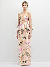 Front View Thumbnail - Butterfly Botanica Pink Sand Floral Strapless Satin Maxi Dress with Cascade Ruffle Peplum Detail