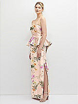 Side View Thumbnail - Butterfly Botanica Pink Sand Floral Strapless Satin Maxi Dress with Cascade Ruffle Peplum Detail