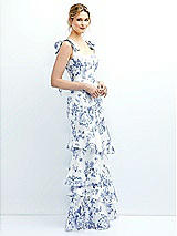 Side View Thumbnail - Cottage Rose Larkspur Floral Bow-Shoulder Satin Maxi Dress with Asymmetrical Tiered Skirt