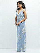 Side View Thumbnail - Larkspur Gold Foil Plunge V-Neck Metallic Pleated Maxi Dress with Floral Gold Foil Print
