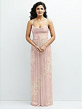 Front View Thumbnail - Pink Gold Foil Soft Cowl Neck Metallic Pleated Maxi Dress with Floral Gold Foil Print
