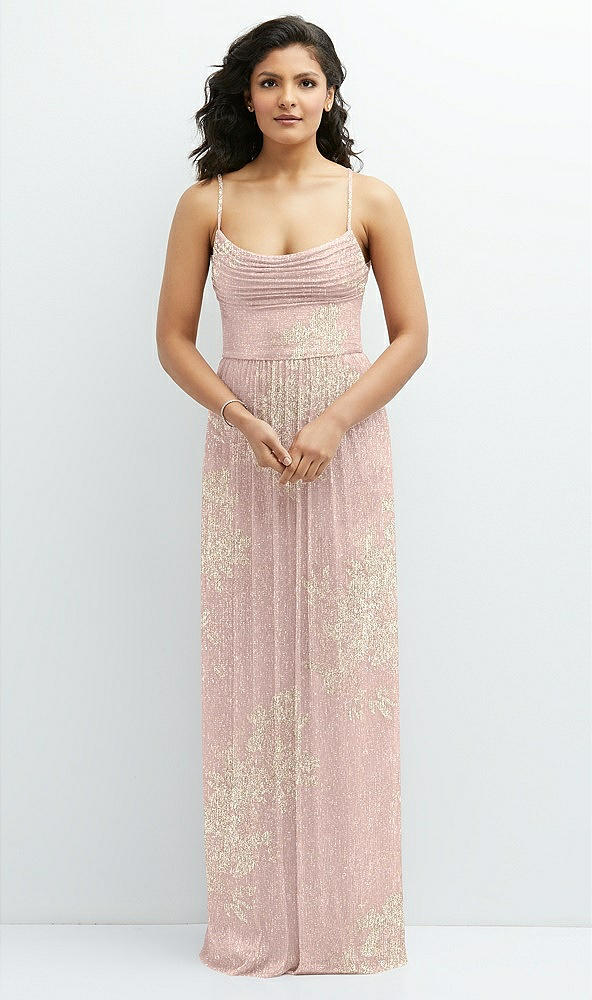 Front View - Pink Gold Foil Soft Cowl Neck Metallic Pleated Maxi Dress with Floral Gold Foil Print