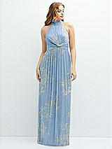 Front View Thumbnail - Larkspur Gold Foil Band Collar Halter Open-Back Metallic Pleated Maxi Dress with Floral Gold Foil Print