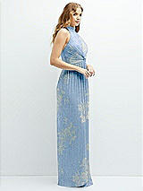Side View Thumbnail - Larkspur Gold Foil Band Collar Halter Open-Back Metallic Pleated Maxi Dress with Floral Gold Foil Print
