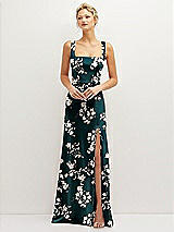 Front View Thumbnail - Vintage Primrose Floral Square-Neck Satin A-line Maxi Dress with Front Slit