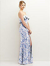 Side View Thumbnail - Magnolia Sky Floral Soft Ruffle Cuff Strapless Trumpet Dress with Front Slit