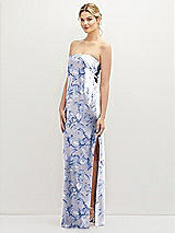 Alt View 1 Thumbnail - Magnolia Sky Strapless Pull-On Floral Satin Column Dress with Side Seam Slit