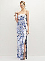 Front View Thumbnail - Magnolia Sky Strapless Pull-On Floral Satin Column Dress with Side Seam Slit
