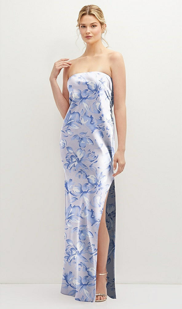 Front View - Magnolia Sky Strapless Pull-On Floral Satin Column Dress with Side Seam Slit