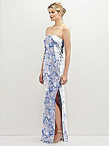 Side View Thumbnail - Magnolia Sky Strapless Pull-On Floral Satin Column Dress with Side Seam Slit