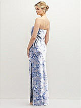 Rear View Thumbnail - Magnolia Sky Strapless Pull-On Floral Satin Column Dress with Side Seam Slit