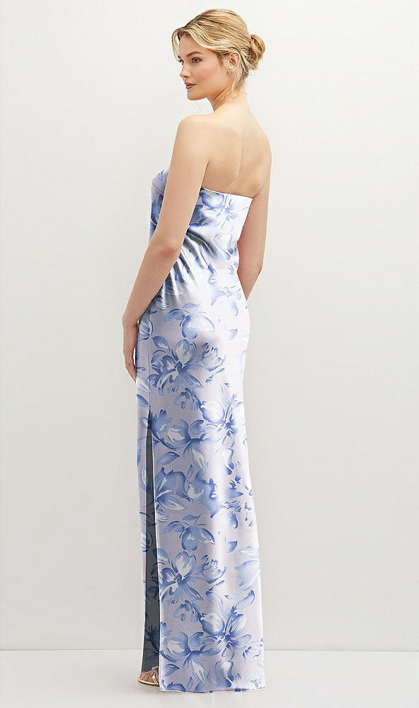 Back View - Magnolia Sky Strapless Pull-On Floral Satin Column Dress with Side Seam Slit