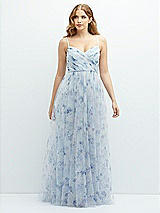 Front View Thumbnail - Mist Garden Floral Ruched Wrap Bodice Tulle Dress with Long Full Skirt